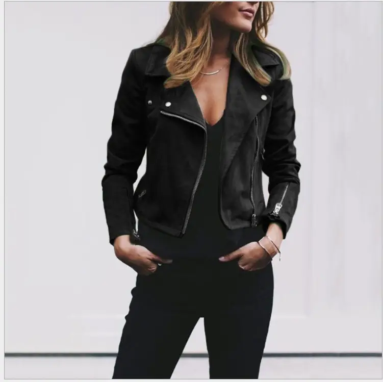 Women's Maroon Lapel Zipper Jacket with Black Pants