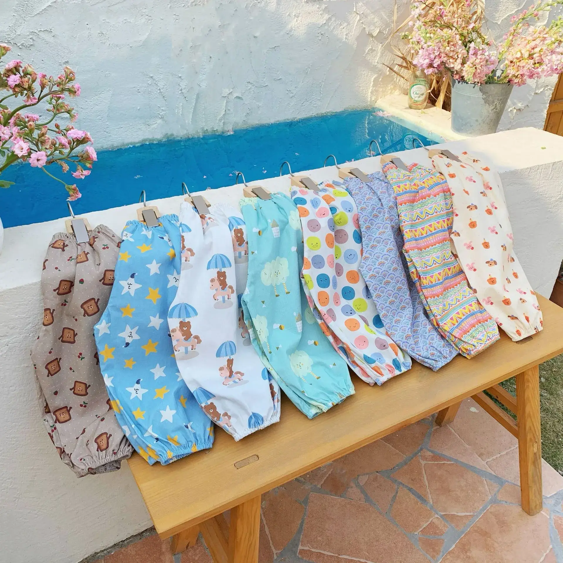 Anti-Mosquito Pants for Kids Blue Floral Cotton Summer - Image 30