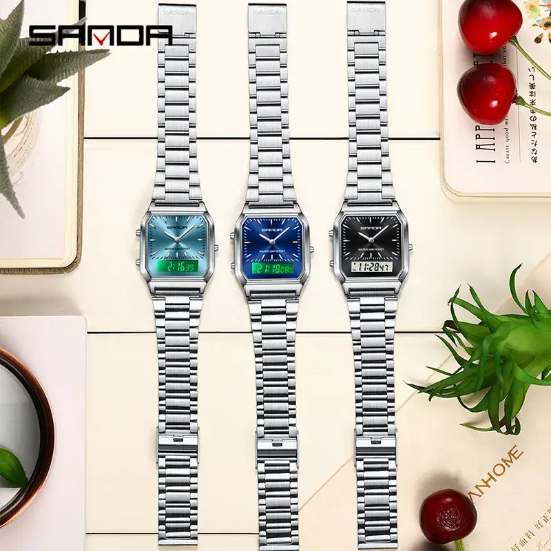Sanda Classic Square Watch 6 Colors Waterproof 3-Time Zone Multi-Function
