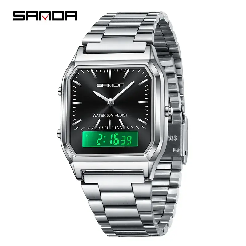 Sanda Classic Square Watch 6 Colors Waterproof 3-Time Zone Multi-Function