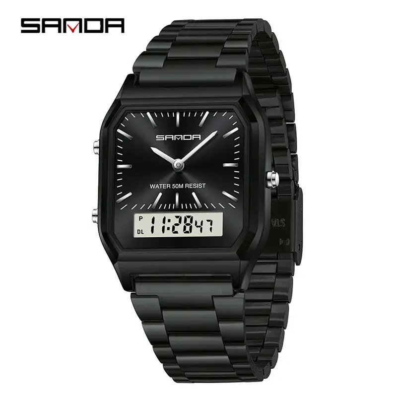 Sanda Classic Square Watch 6 Colors Waterproof 3-Time Zone Multi-Function