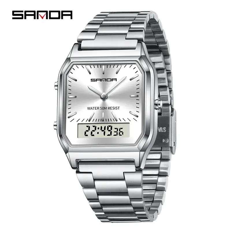 Sanda Classic Square Watch 6 Colors Waterproof 3-Time Zone Multi-Function