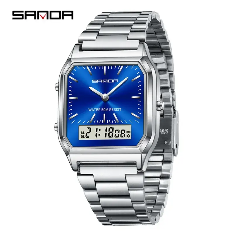 Sanda Classic Square Watch 6 Colors Waterproof 3-Time Zone Multi-Function
