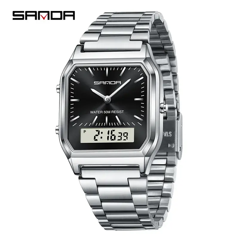 Sanda Classic Square Watch 6 Colors Waterproof 3-Time Zone Multi-Function
