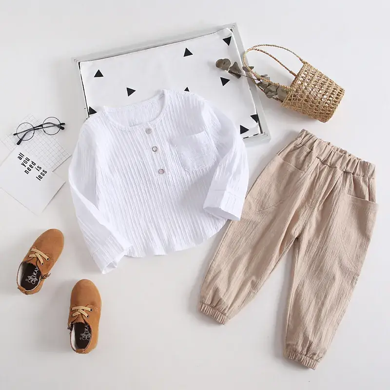 Children's 2-Piece Cotton Linen Set White Beige Spring - Image 2