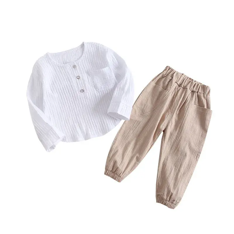 Children's 2-Piece Cotton Linen Set White Beige Spring - Image 5