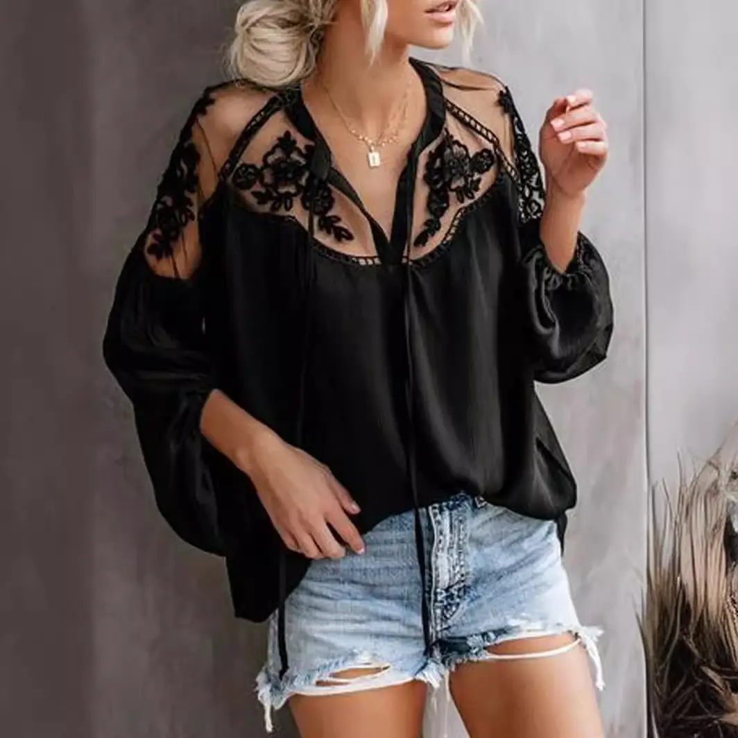 White Lace V Neck See Through Shirt for Women - Image 6
