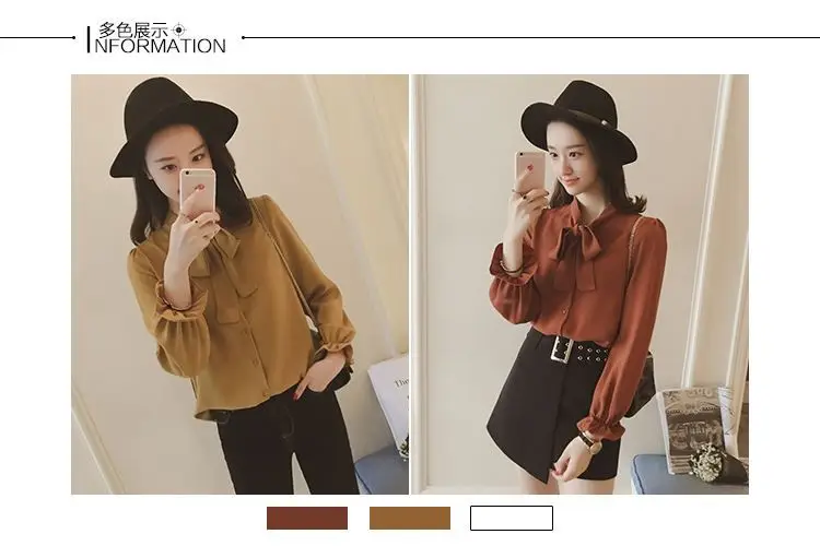 Korean Style Loose Bow Chiffon Shirt Brown — feature 1