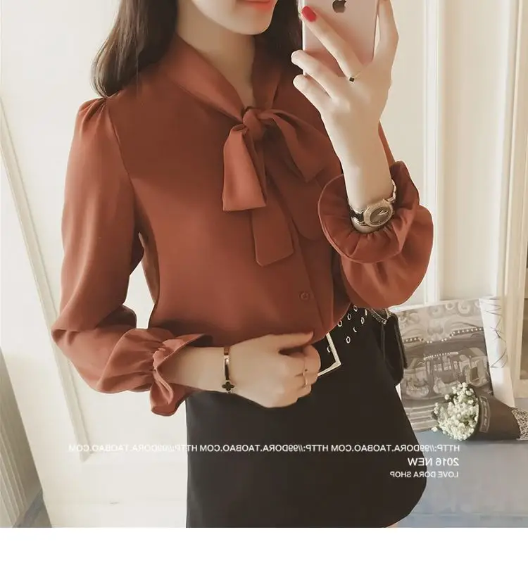 Korean Style Loose Bow Chiffon Shirt Brown — feature 12