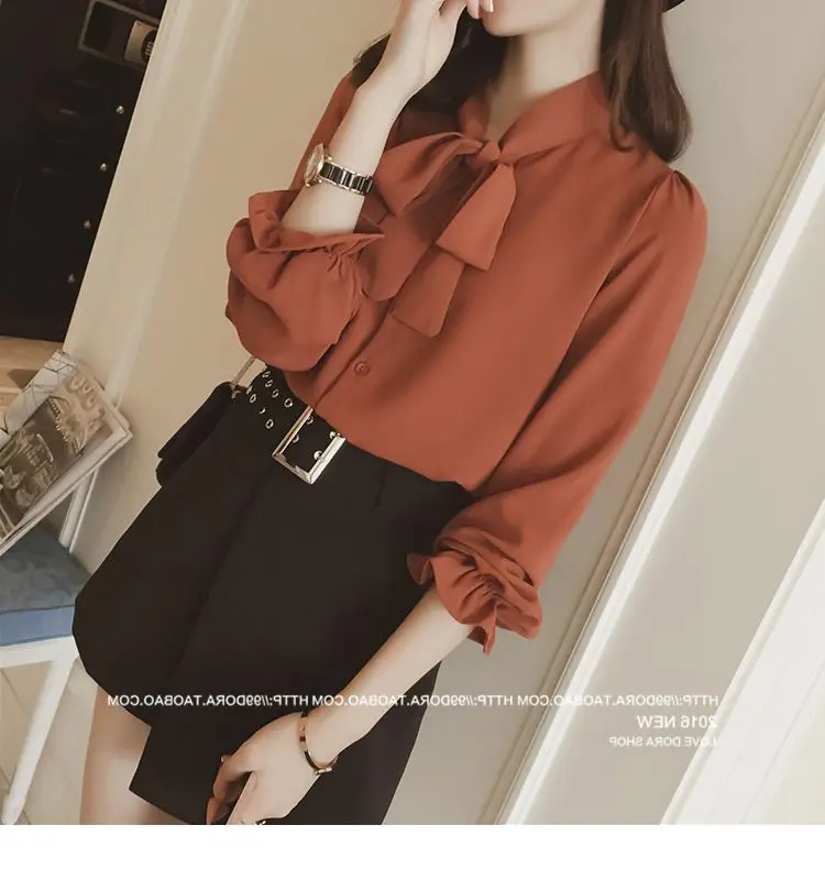 Korean Style Loose Bow Chiffon Shirt Brown — feature 13