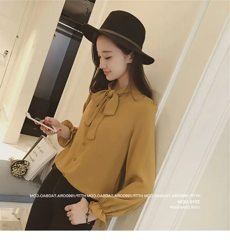 Korean Style Loose Bow Chiffon Shirt Brown — feature 32