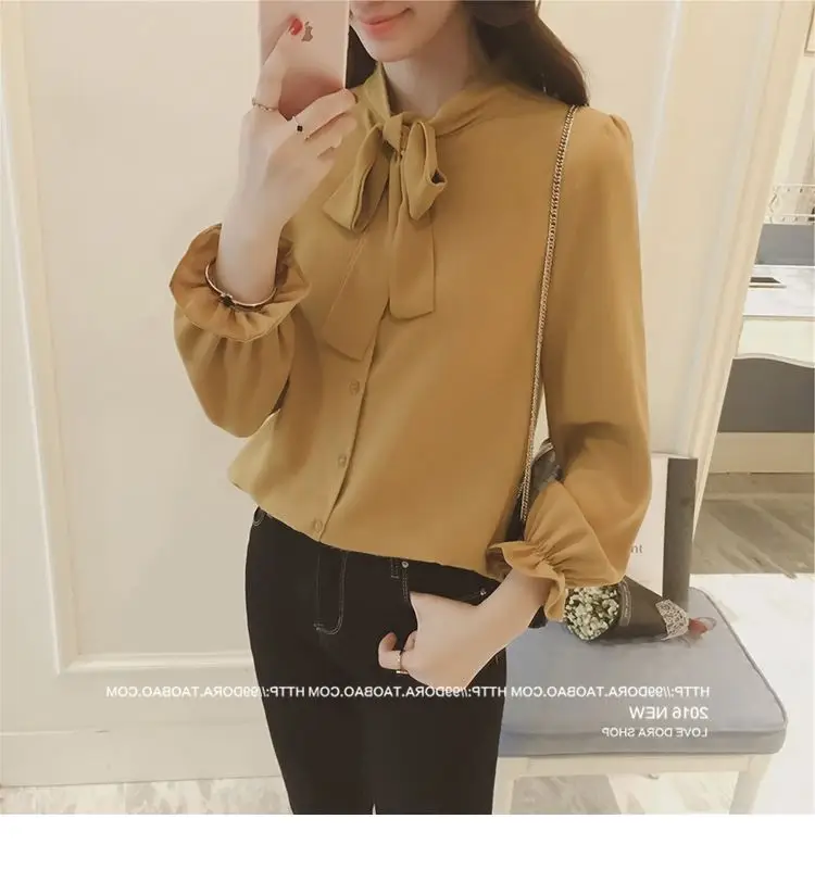 Korean Style Loose Bow Chiffon Shirt Brown — feature 34