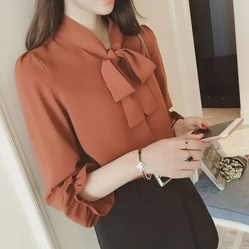 Korean Style Loose Bow Chiffon Shirt Brown - Image 2