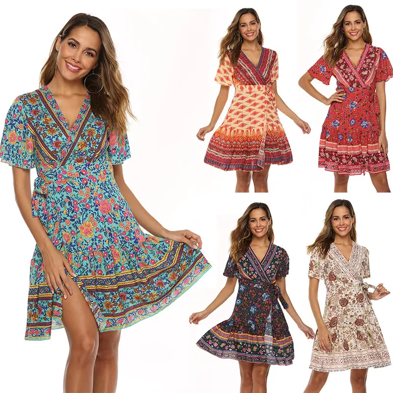 Women Printed V-Neck Dress Red Floral Large Swing Pleated - Image 5