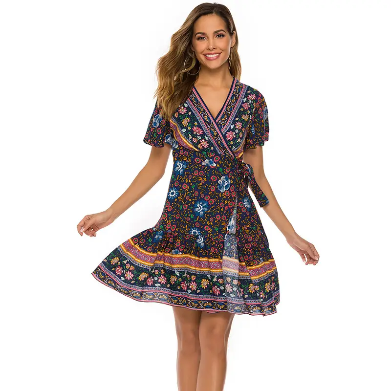 Women Printed V-Neck Dress Red Floral Large Swing Pleated - Image 6