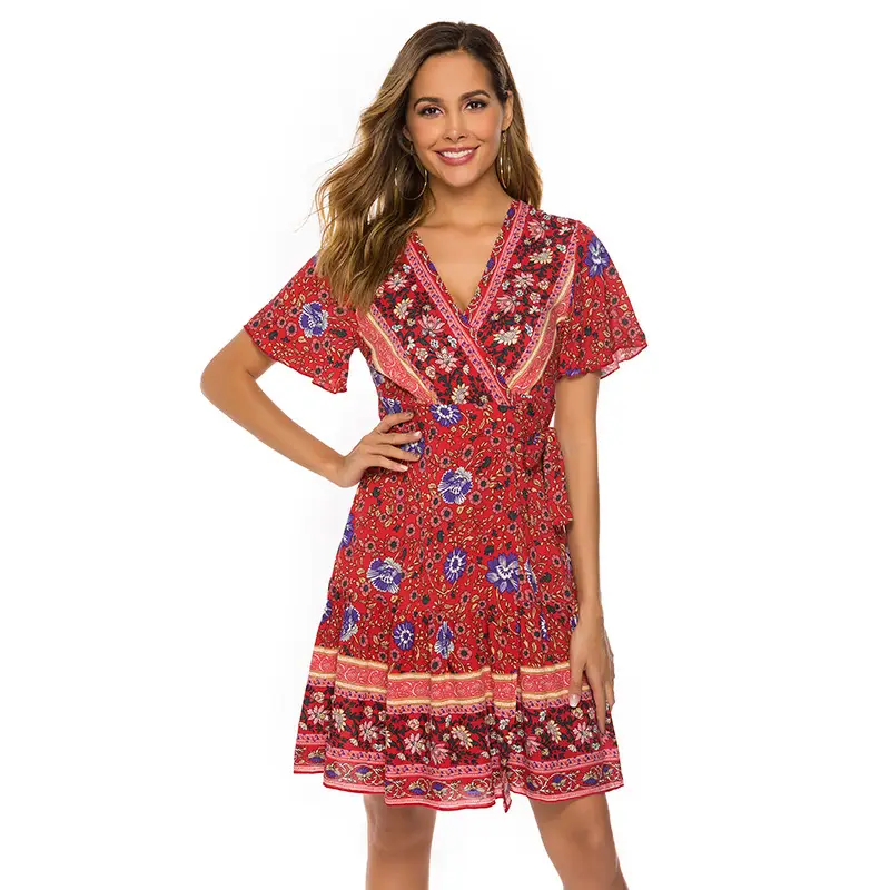 Women Printed V-Neck Dress Red Floral Large Swing Pleated - Image 7