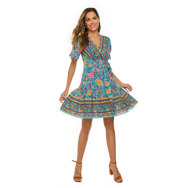 Women Printed V-Neck Dress Red Floral Large Swing Pleated - Image 9