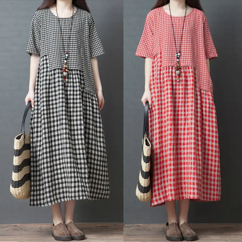 2024 New Summer Literary Plaid Dress Women Mid Length - Image 3