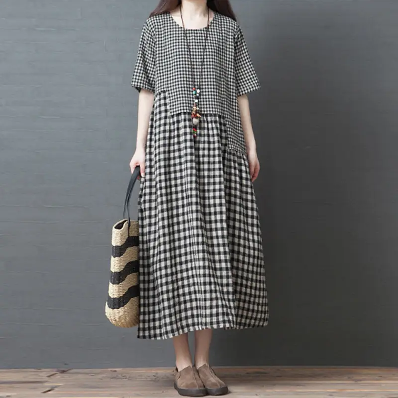 2024 New Summer Literary Plaid Dress Women Mid Length - Image 4