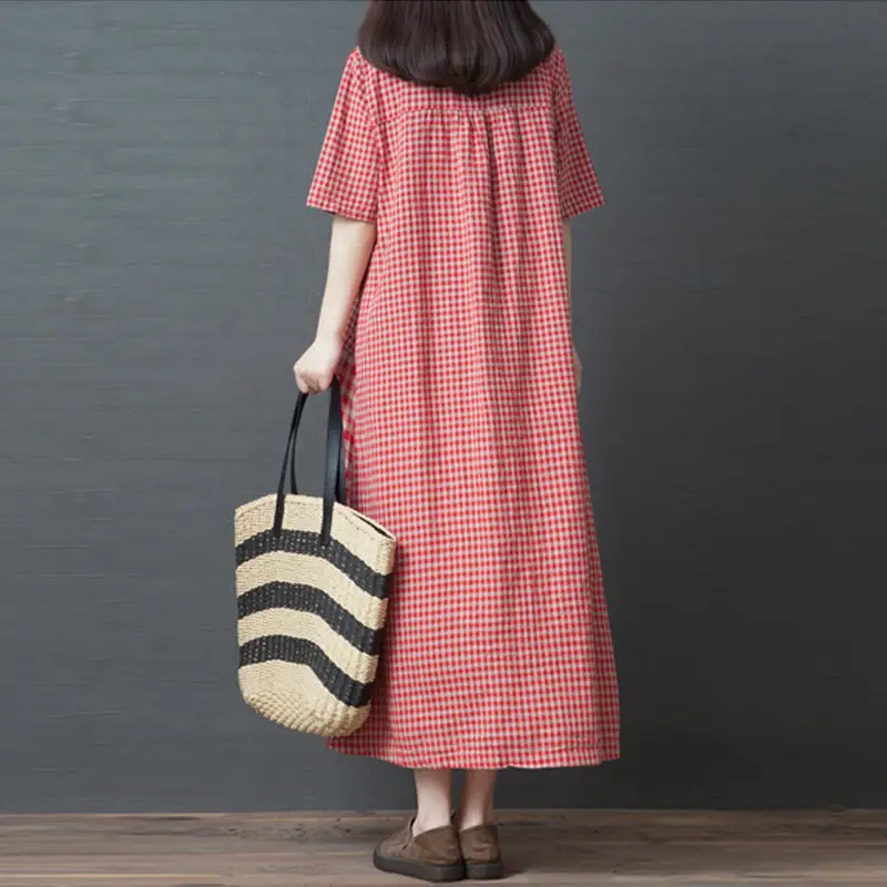 2024 New Summer Literary Plaid Dress Women Mid Length - Image 6