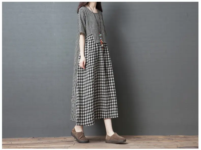 2024 New Summer Literary Plaid Dress Women Mid Length — feature 6