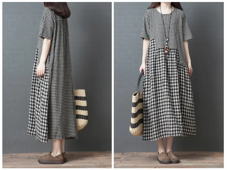 2024 New Summer Literary Plaid Dress Women Mid Length — feature 7