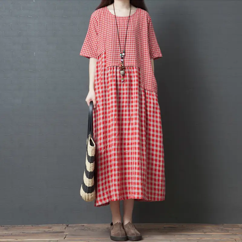 2024 New Summer Literary Plaid Dress Women Mid Length - Image 2
