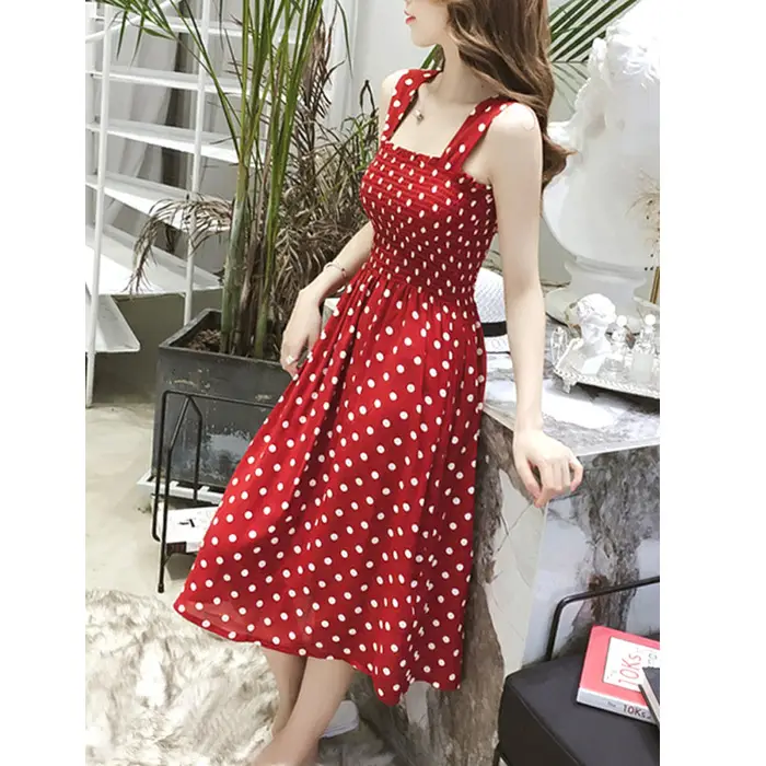 Red Polka Dot One Shoulder Suspender Skirt Dress