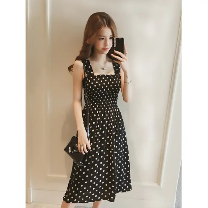 Red Polka Dot One Shoulder Suspender Skirt Dress