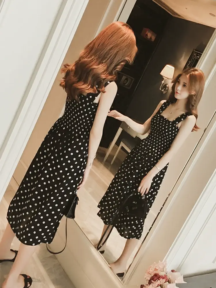 Red Polka Dot One Shoulder Suspender Skirt Dress — feature 2