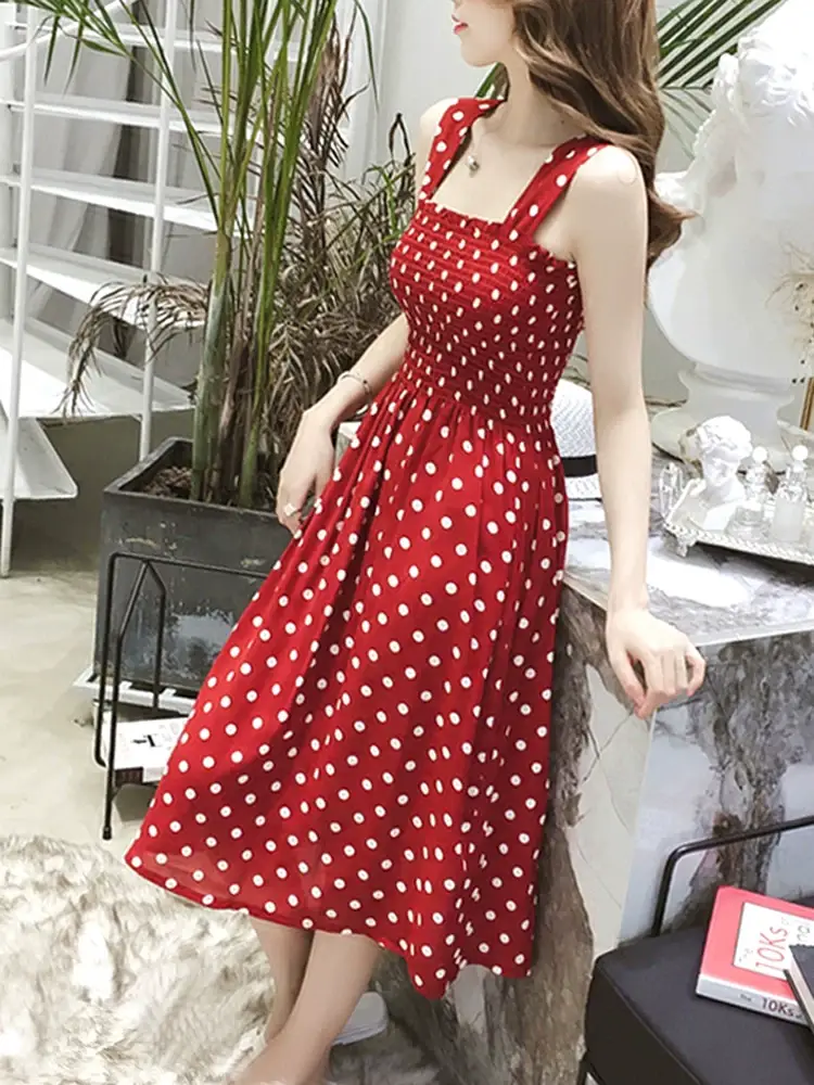 Red Polka Dot One Shoulder Suspender Skirt Dress — feature 4