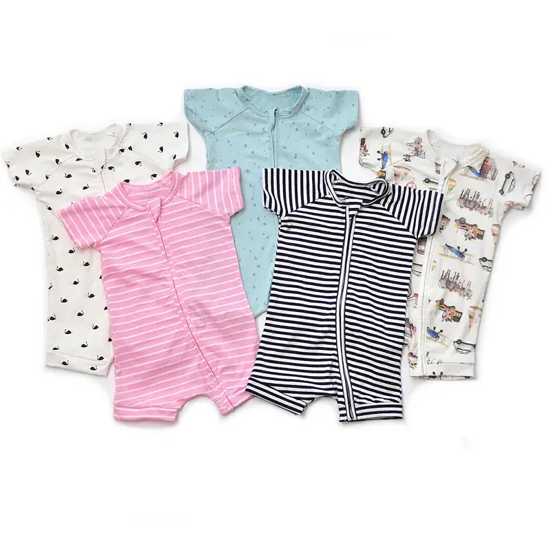 Unisex Baby Short Sleeve Zip Romper Light Blue Stretch Cotton - Image 11
