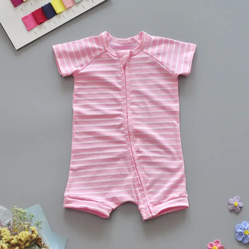 Unisex Baby Short Sleeve Zip Romper Light Blue Stretch Cotton - Image 2