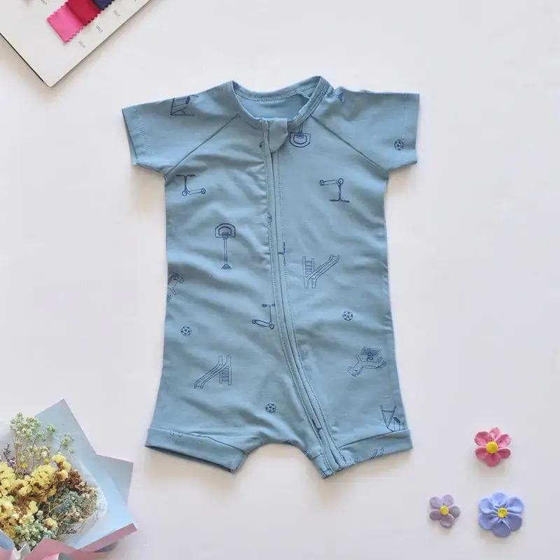 Unisex Baby Short Sleeve Zip Romper Light Blue Stretch Cotton - Image 6
