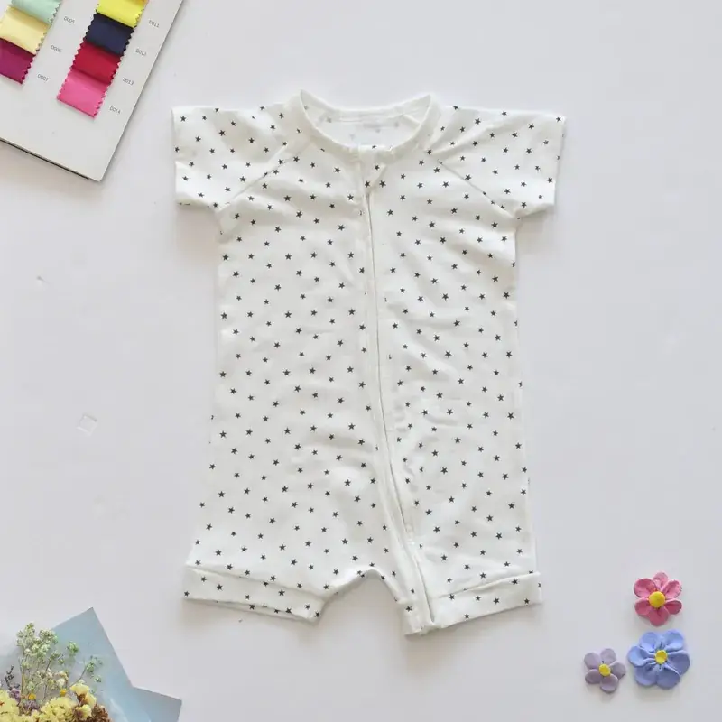Unisex Baby Short Sleeve Zip Romper Light Blue Stretch Cotton - Image 7