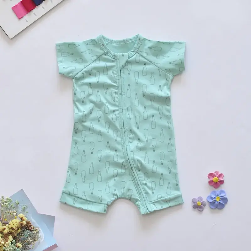 Unisex Baby Short Sleeve Zip Romper Light Blue Stretch Cotton - Image 9
