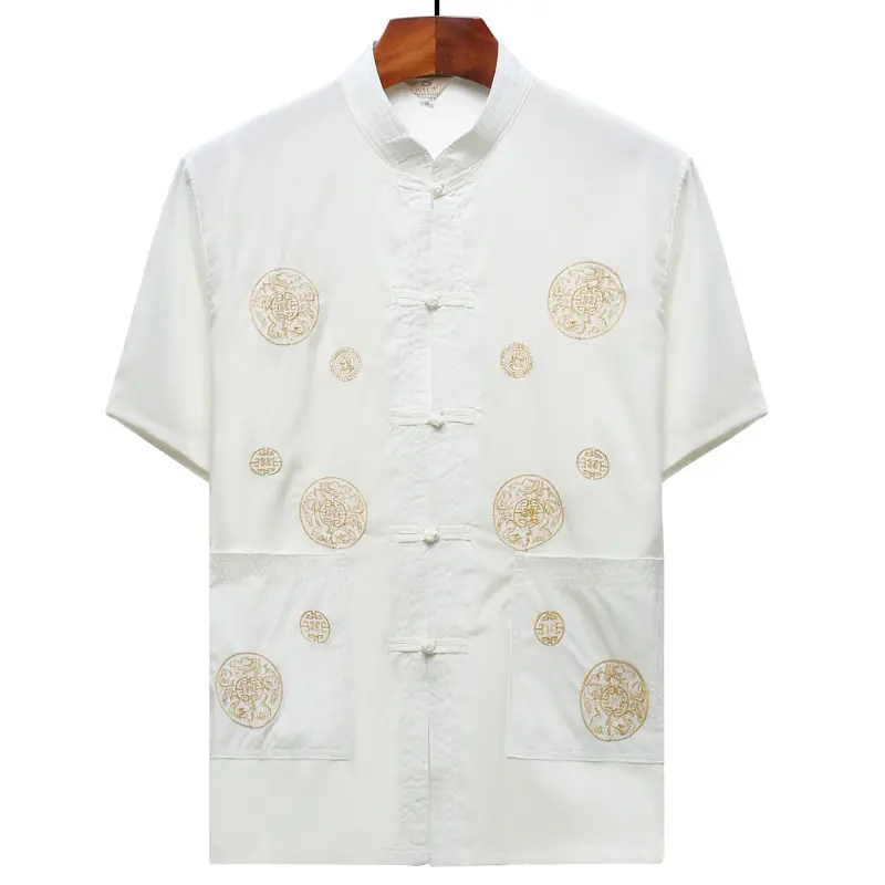 Men's Cream Embroidered Tai Chi Suit Short Sleeve - Image 8