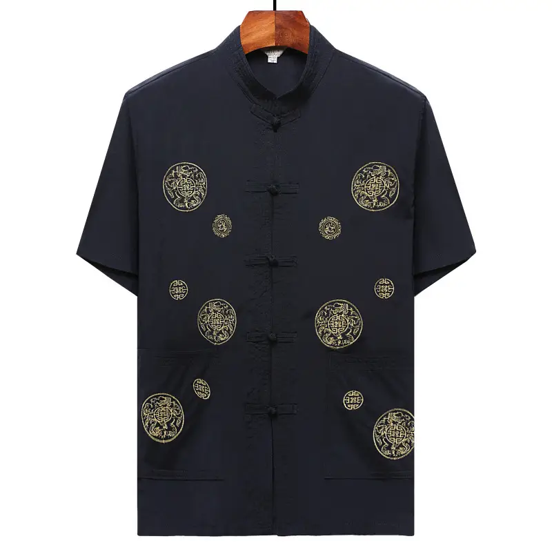 Men's Cream Embroidered Tai Chi Suit Short Sleeve - Image 10