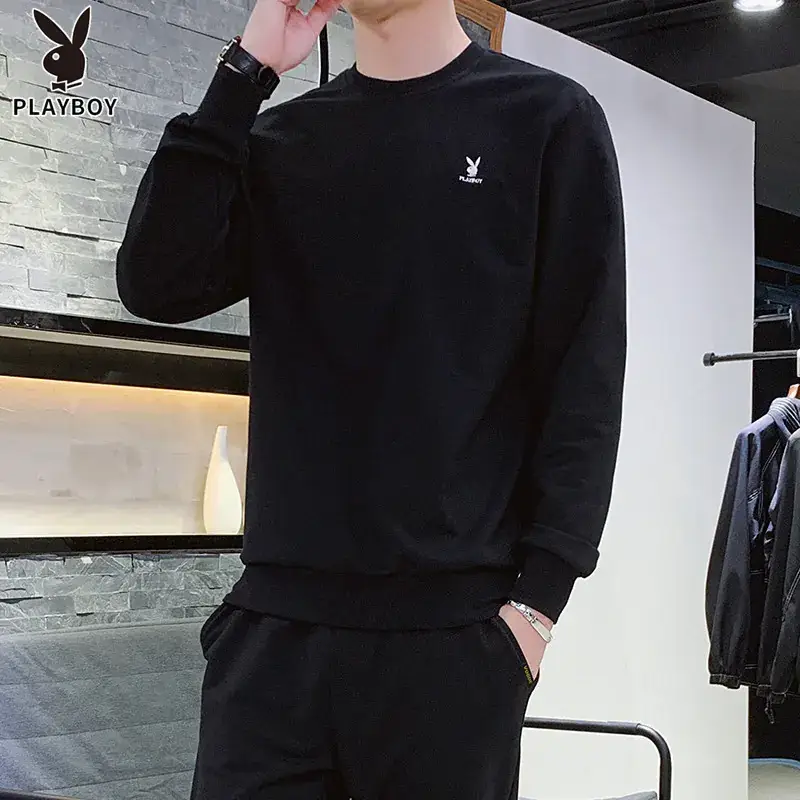 Men Black Playboy Crew Sweatshirt Long Sleeve - Image 2