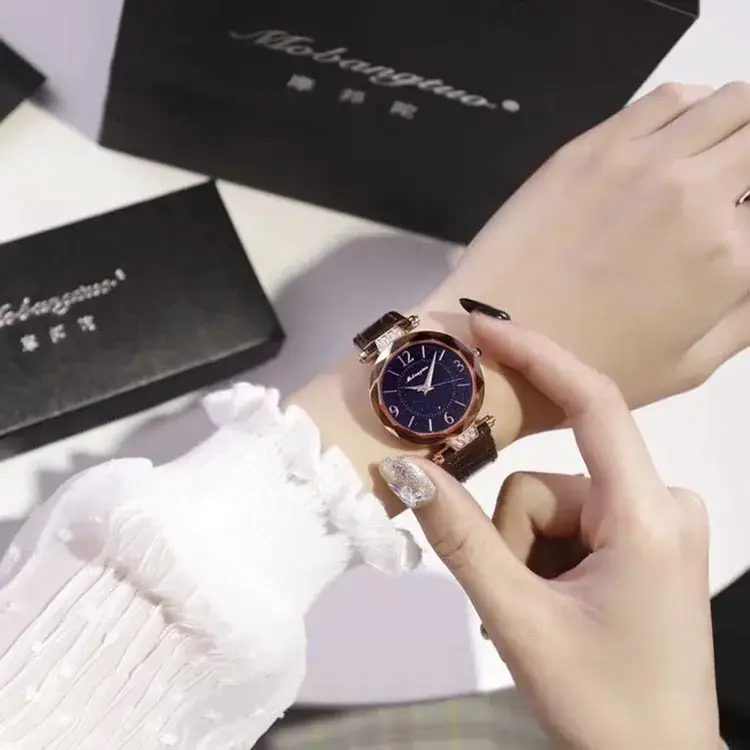 Women's Diamond Encrusted Quartz Watch with Genuine Leather Band - Image 9