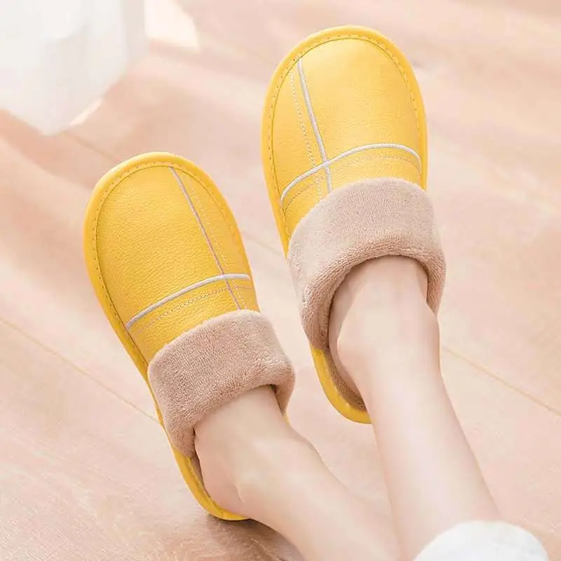Autumn and winter warm leather slippers home couple men and women indoor non-slip floor home cotton slippers factory wholesale - Image 12
