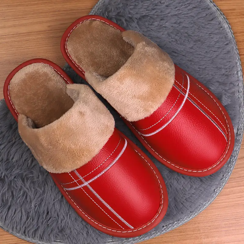 Autumn and winter warm leather slippers home couple men and women indoor non-slip floor home cotton slippers factory wholesale - Image 13