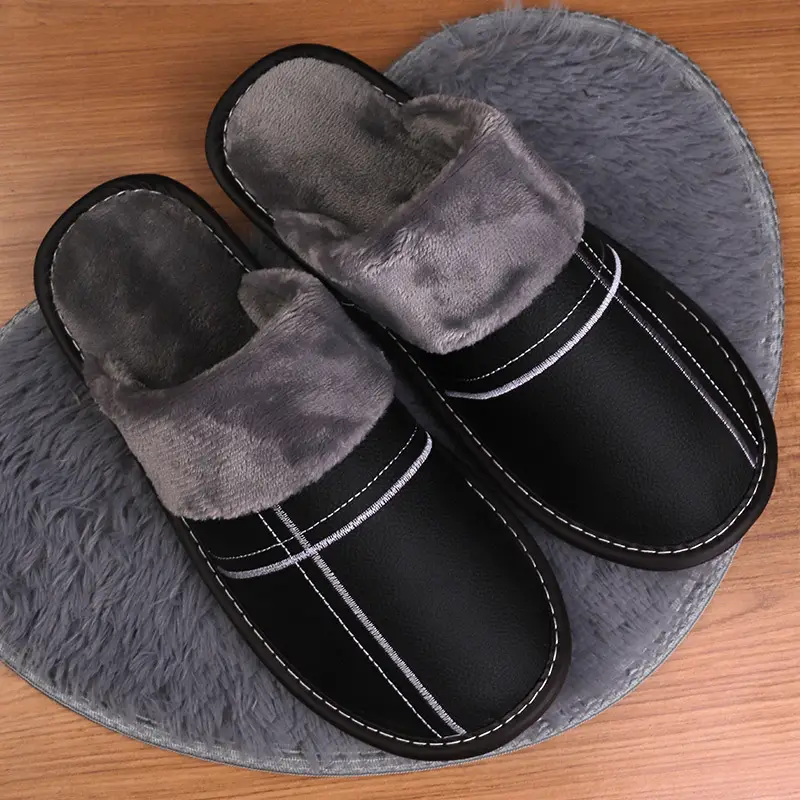 Autumn and winter warm leather slippers home couple men and women indoor non-slip floor home cotton slippers factory wholesale - Image 14