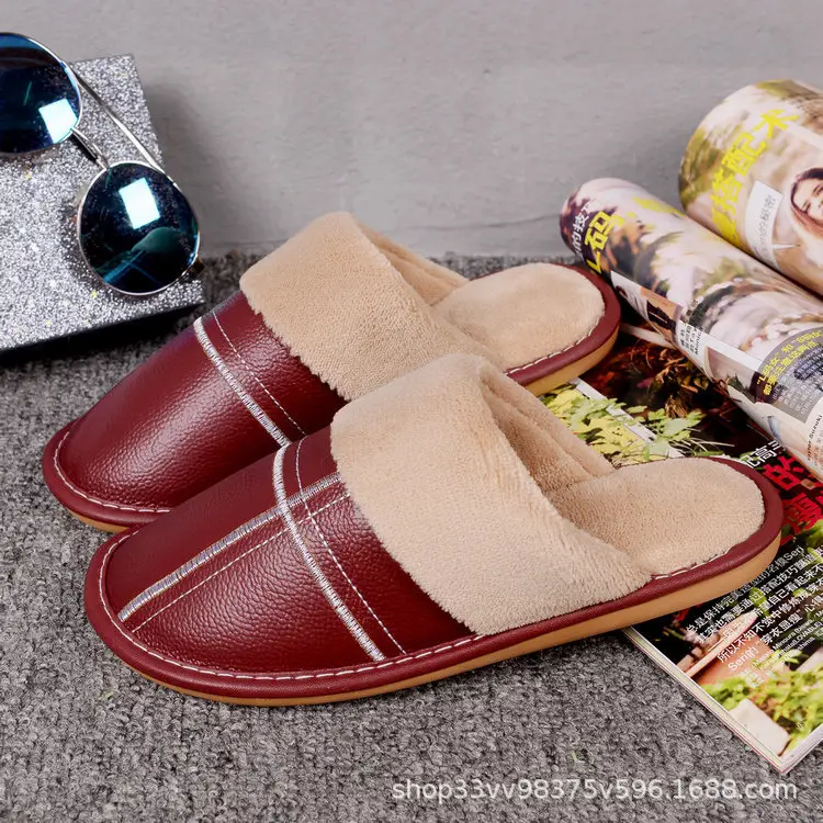 Autumn and winter warm leather slippers home couple men and women indoor non-slip floor home cotton slippers factory wholesale - Image 15