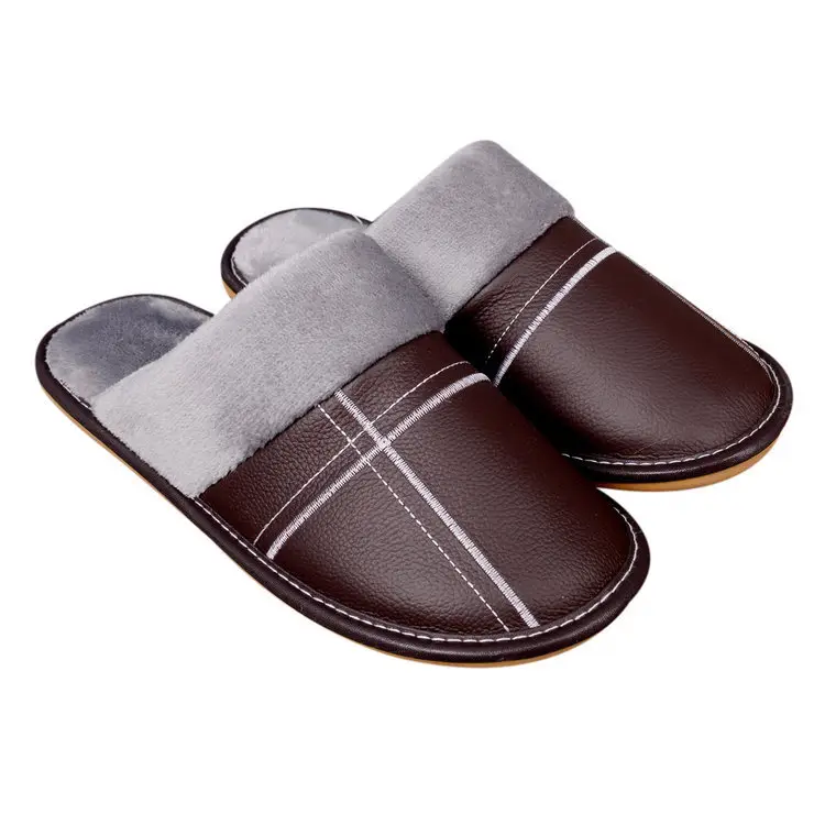 Autumn and winter warm leather slippers home couple men and women indoor non-slip floor home cotton slippers factory wholesale - Image 10