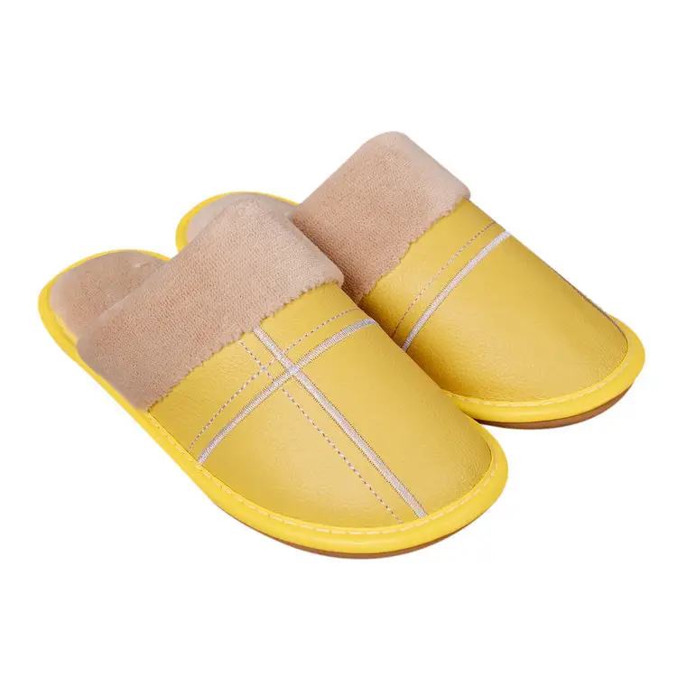 Autumn and winter warm leather slippers home couple men and women indoor non-slip floor home cotton slippers factory wholesale - Image 2