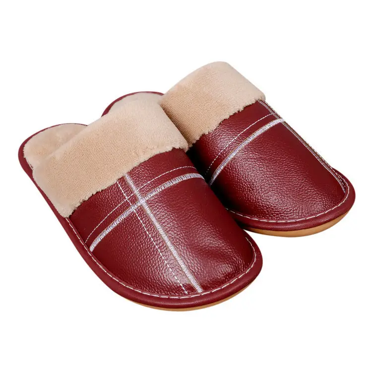 Autumn and winter warm leather slippers home couple men and women indoor non-slip floor home cotton slippers factory wholesale - Image 5