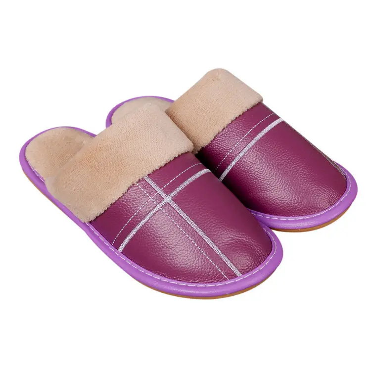 Autumn and winter warm leather slippers home couple men and women indoor non-slip floor home cotton slippers factory wholesale - Image 6