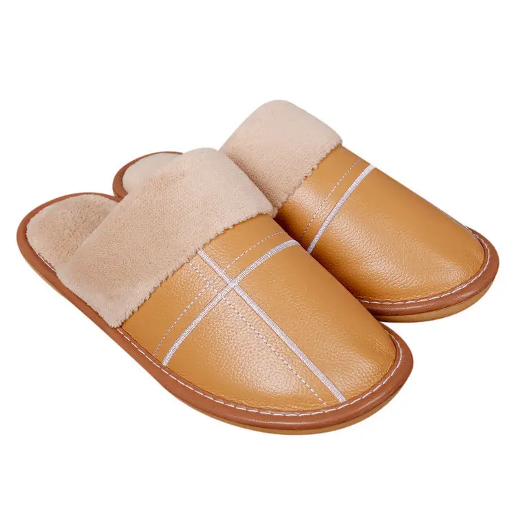 Autumn and winter warm leather slippers home couple men and women indoor non-slip floor home cotton slippers factory wholesale - Image 8