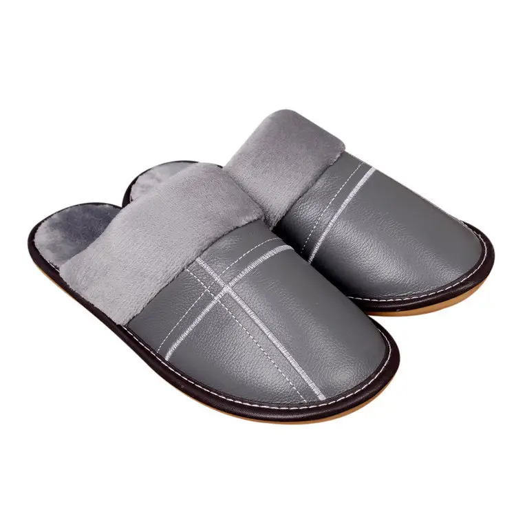 Autumn and winter warm leather slippers home couple men and women indoor non-slip floor home cotton slippers factory wholesale - Image 9